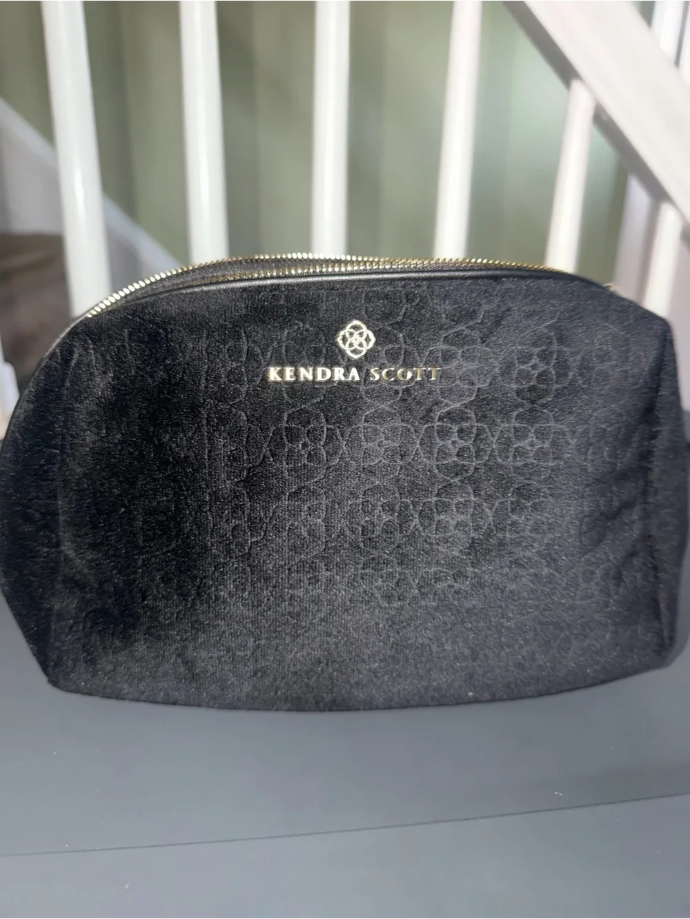 Kendra Scott Black Velvet Signature Monogram Cosmetic Pouch with Gold Logo